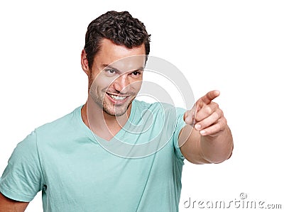 Man, face and happy vision pointing finger for advertising, marketing mockup and product suggestion in white background Stock Photo