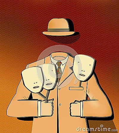 Man without a face holds 3 masks in his hands. Classic suit and bowler hat of a businessman. Surreal Image Stock Photo