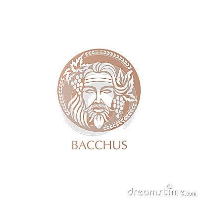 Man face logo with grape berries and leaves. Bacchus or Dionysus. A style for winemakers or brewers Cartoon Illustration