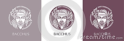 Man face logo with grape berries and leaves. Bacchus or Dionysus. A style for winemakers or brewers Cartoon Illustration