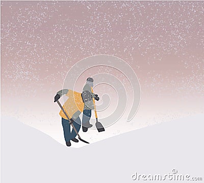 Man with face mask clearing Snow From Path with shovel after snowstorm yard. Vector Illustration
