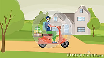 Man in face mask drive motorbike and deliver goods from shop vector cartoon illustration. Vector Illustration