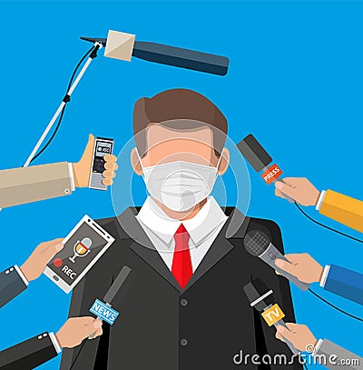 Man with face mask giving speech at conference Vector Illustration