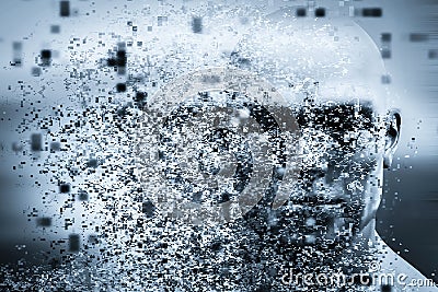 Man face with pixel dispersion effect. Concept of technology, modern science but also disintegration Stock Photo