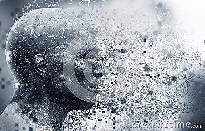 Man face with pixel dispersion effect. Concept of technology, modern science but also disintegration Stock Photo