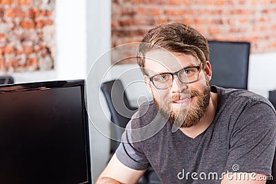 Man face sitting office smile, Casual businessman Stock Photo