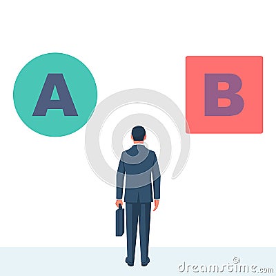 Man is faced with a choice of A or B. Choice circle or square red or green Vector Illustration