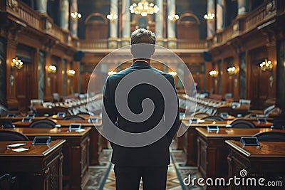 Man facing an empty parliamentary chamber Stock Photo