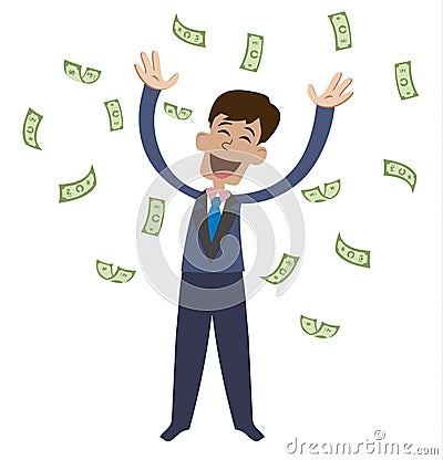 On a man are falling money bills. Joyful businessman jumping from happiness Cartoon Illustration