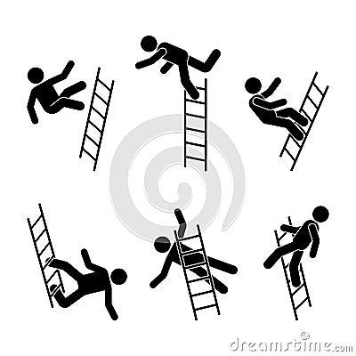 Man falling off a ladder stick figure pictogram. Different positions of flying person icon set symbol posture on white. Vector Illustration