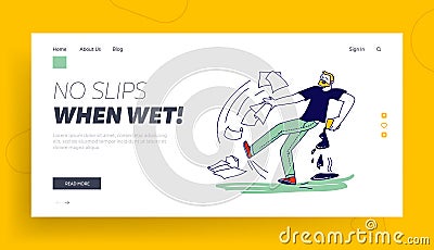 Man Falling in Puddle Landing Page Template. Male Character Slipping on Wet Floor Pouring Coffee Vector Illustration