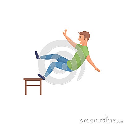 Man falling from wooden stool, home fall accident of unhappy guy Vector Illustration