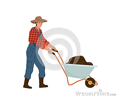 Man farmer carries wheelbarrow full of dirt manure or ground. Gardener wearing in jumpsuit, shirt in a cage work with Vector Illustration