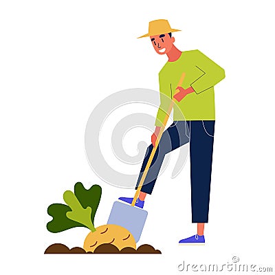 Man farmer harvesting. Guy with a shovel dig Vector Illustration