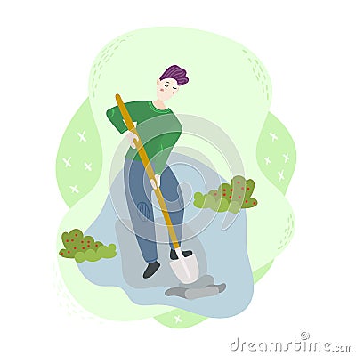 Man farmer with shovel digging a ground. Planting vegetables in the garden. Season agriculture harvest work scene. Isolated flat Stock Photo