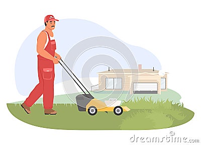 Man farmer worker mowing grass with lawn mower vector illustration Vector Illustration