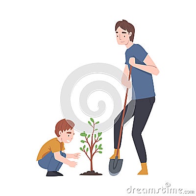 Man Father and His Kid Planting Tree Sapling with Shovel Vector Illustration Vector Illustration