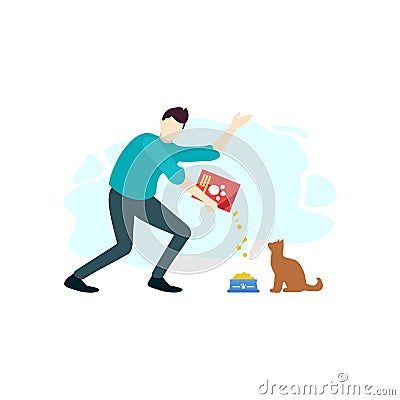 Man is feeding food a pet cat animal people character flat design vector Vector Illustration