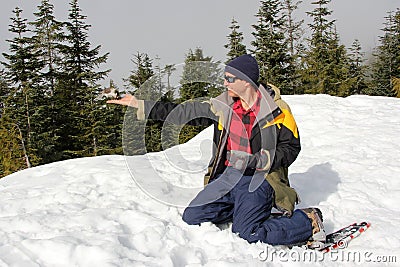 Man Feeding a Grey Jay on his Hand on Mount Seymour Stock Photo