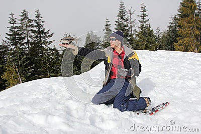 Man Feeding a Grey Jay on his Hand on Mount Seymour Stock Photo