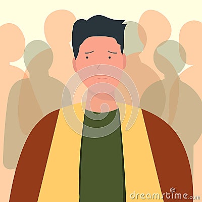 man feel insecure uncomfortable and not confident surrounded by crowds Vector Illustration