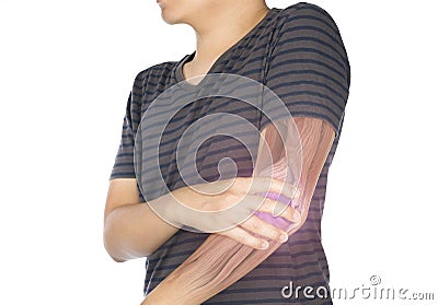 Man feel pain elbow Stock Photo
