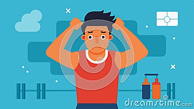 A man feeling frustrated and defeated after consistently working out and not seeing the immediate results promised by Vector Illustration
