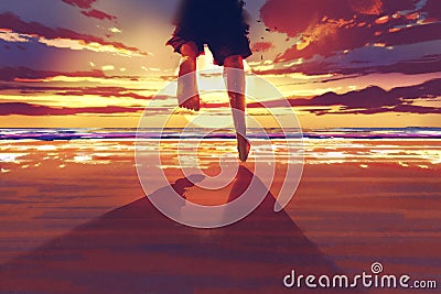 Man feet running on the beach at sunrise Cartoon Illustration