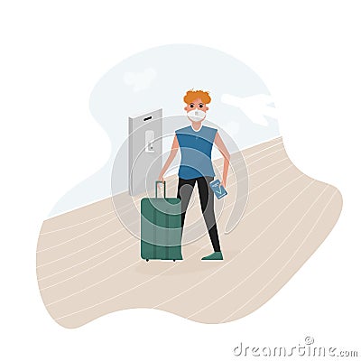 Man with ffp2 mask and health immune passport after covid-19 vaccine in the airport. Post pandemic travel. Flat cartoon Vector Illustration