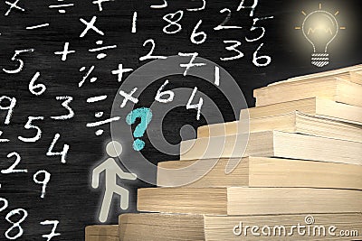 The man figure stepping books. reaching the target by studying. concept photo with numbers Stock Photo
