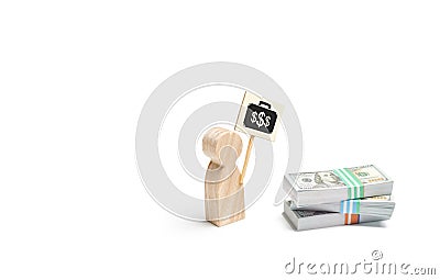 A man figurine with a poster agitates near a pile of money. The concept of finding a better paid job. Financial difficulties. Loan Stock Photo