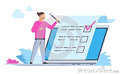 Man fill out online form. Cartoon person with laptop puts a mark. Vector health survey or claim concept Vector Illustration