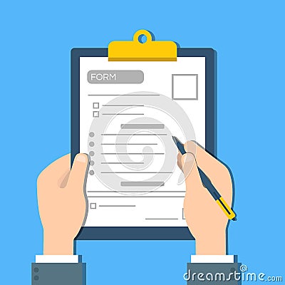 Man fills the form of document. Human hands hold the clipbord with form. Top view Vector Cartoon Illustration