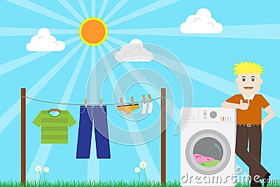 Man finished washing Laundry with Washing Machine Vector Vector Illustration