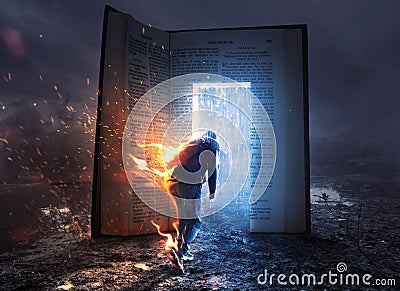 Man on fire and Bible Stock Photo