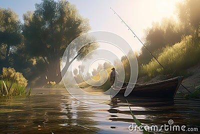 Man fisherman fishing in a boat on the river beautiful realistic background illustration Generative AI Cartoon Illustration