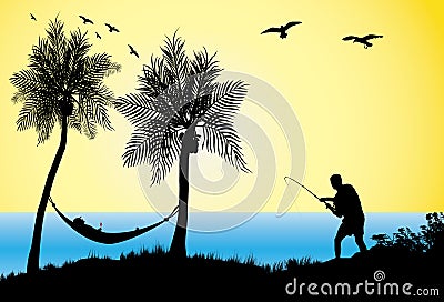 Man fishing and a man having a siesta with a glass of wine Vector Illustration