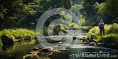 Man fishing on a quiet riverbank, the world s rush muted by the gentle babbling of the stream , concept of Serenity Stock Photo