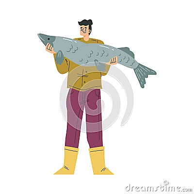 Man Fishing Standing in Rubber Boots with Huge Fish Vector Illustration Stock Photo