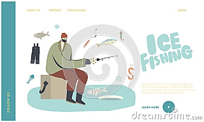 Man Fishing at Winter Landing Page Template. Fisherman Male Character Sitting on Box with Rod on Ice Floe Has Good Catch Vector Illustration