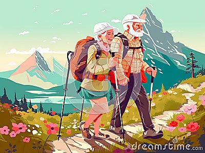 old active couple happy elderly trekking walking grandfather hiking senior. Generative AI. Stock Photo