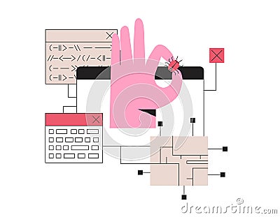 Man fix computer or laptop, delete malware, virus, bug or system error. Programmer install antivirus or spam protection Vector Illustration
