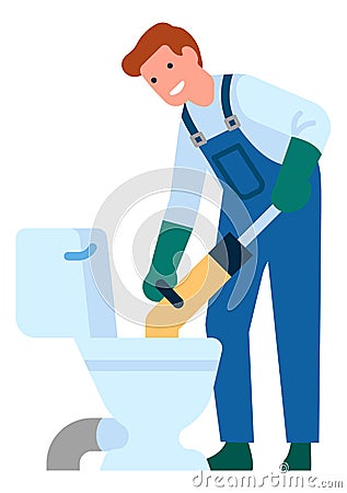 Man fixing clogged toilet. Repairman plumbing pipes Vector Illustration