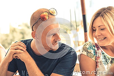 Man flirting talking with young beautiful woman concept flirt pick-up Stock Photo