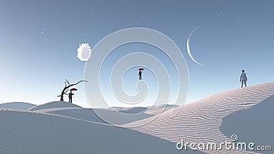 Man Floats in mid air in surreal desert landscape Stock Photo