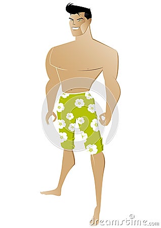 Man in flowered swim trunks Vector Illustration