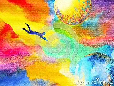 Man flying in abstract colorful dream universe illustration Cartoon Illustration