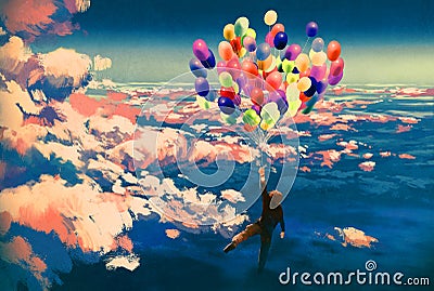 Man flying with colorful balloons in beautiful cloudy sky Cartoon Illustration