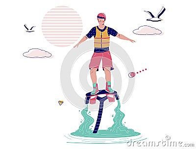 Man flying on flyboard, vector illustration. Flyboarding, extreme water sports, beach activities. Flyboard water jetpack Vector Illustration