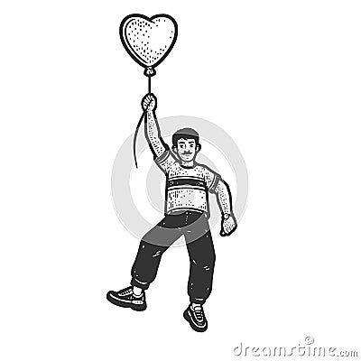 man flying in heart shaped balloon sketch vector Vector Illustration